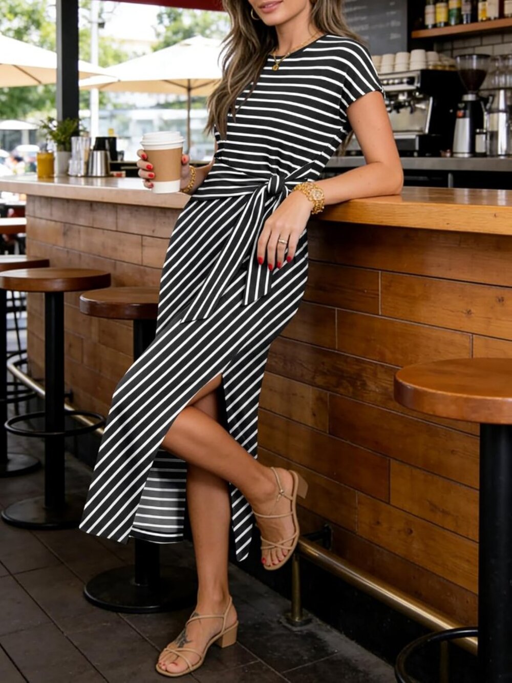 Anrabess Women's Black White Strip Casual Crew Neck Waist Wrinkle Fit Long Dress - Picture 4 of 6